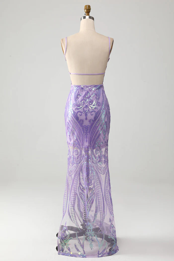 Weitese Dress Light Purple Spaghetti Straps Backless Evening Dress With Sequins Prom Dress